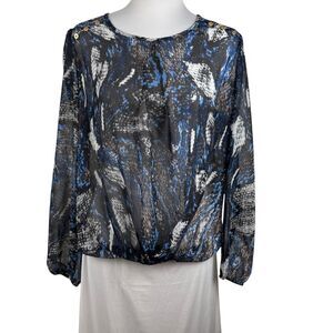 Joaquim Mir Women M Sheer Blouse Abstract Print Long Sleeve Round Neck Career
